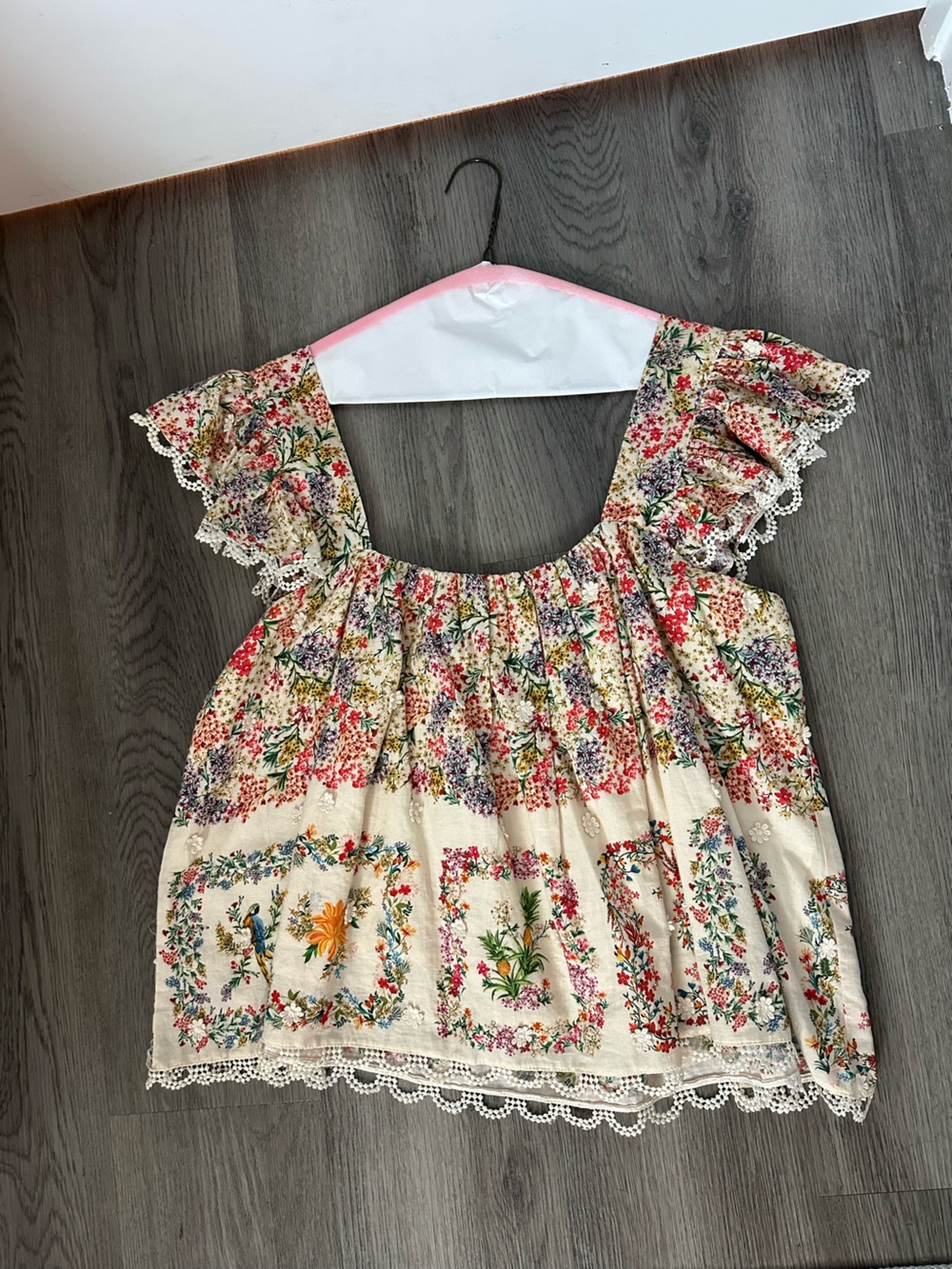 FARM Rio Cream Floral Smocked Flutter-Sleeve Top